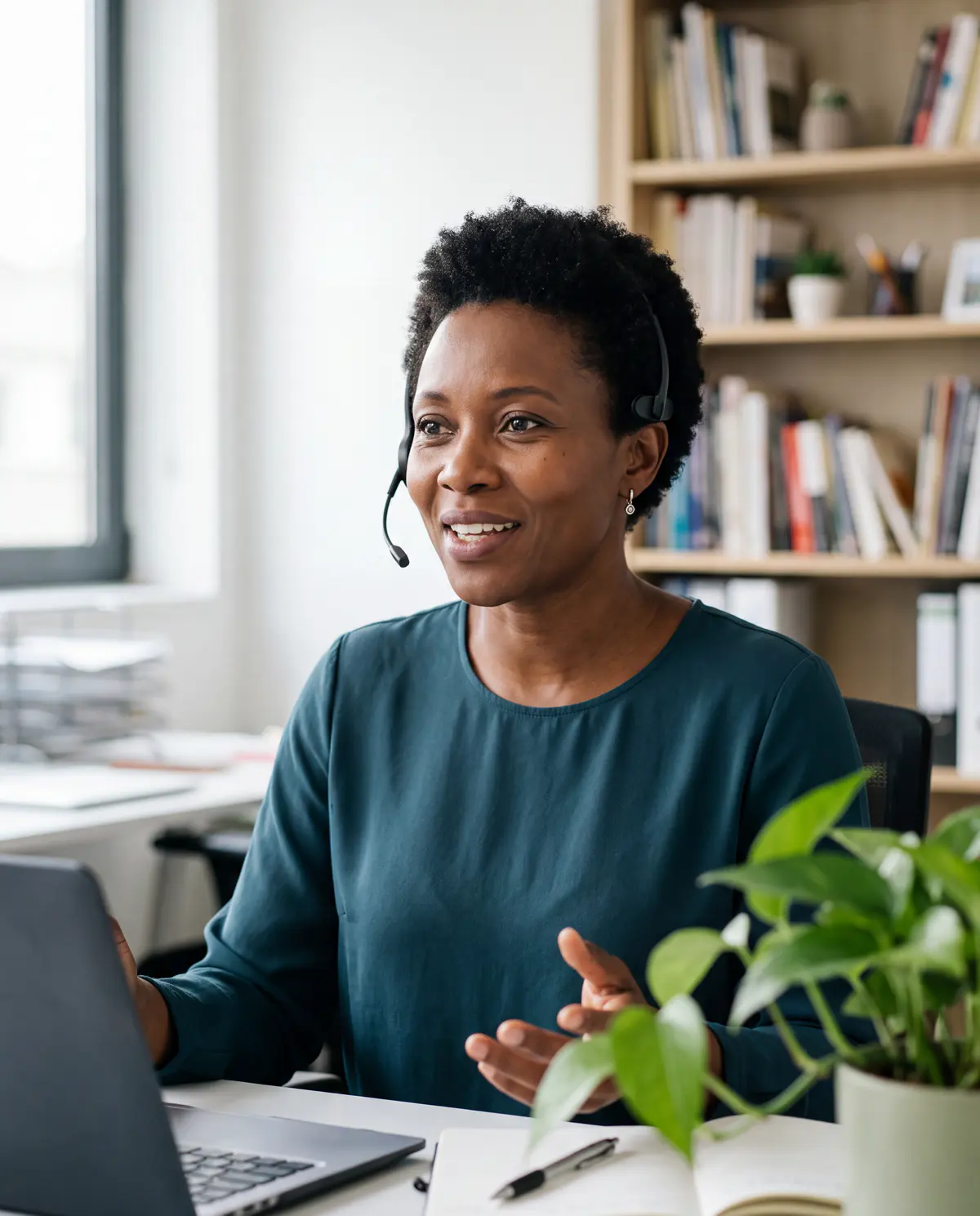 Une conseillère en formation, casque sur les oreilles, répond avec le sourire à un futur stagiaire