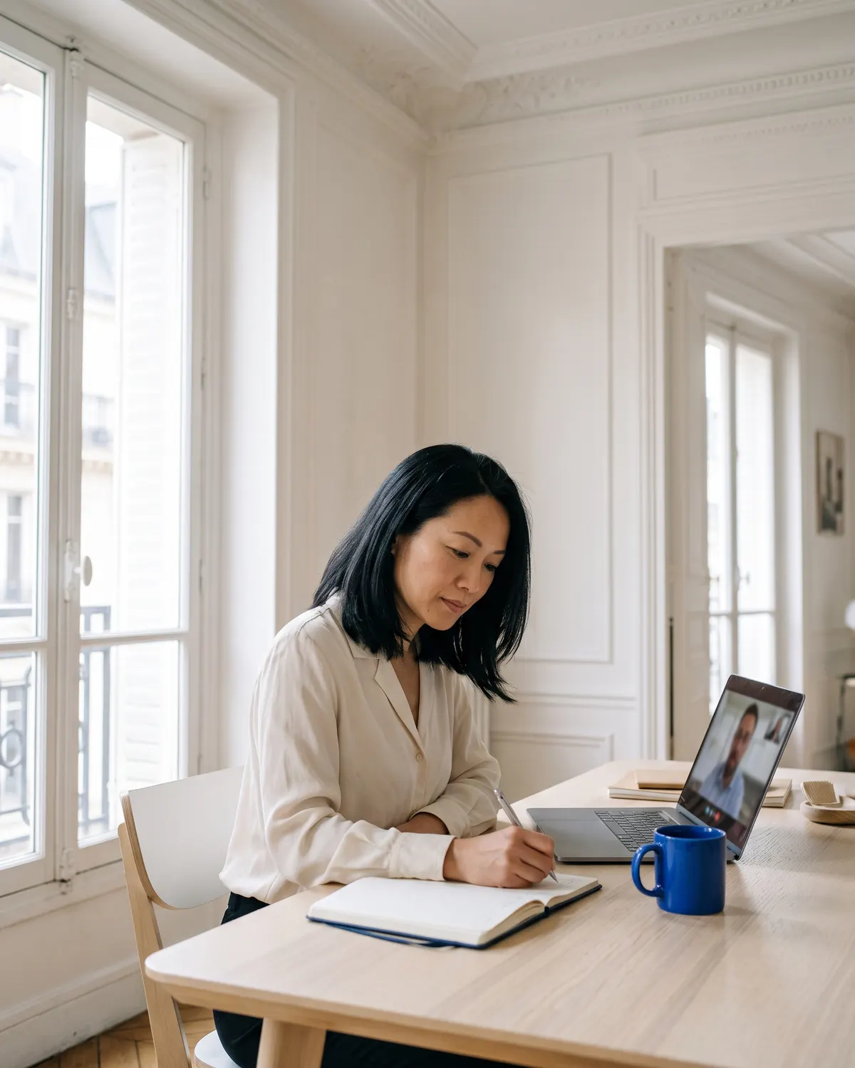 Une femme note ses objectifs professionnels pendant un échange en visioconférence avec sa consultante en bilan de compétences