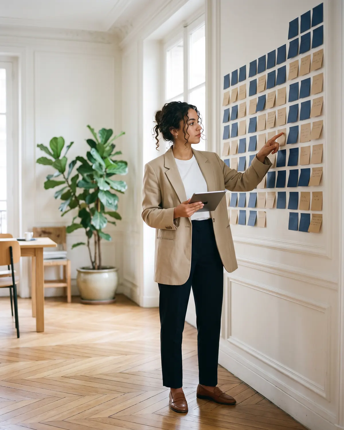 Une jeune entrepreneure construit son business model sur un mur de post-it dans un loft lumineux