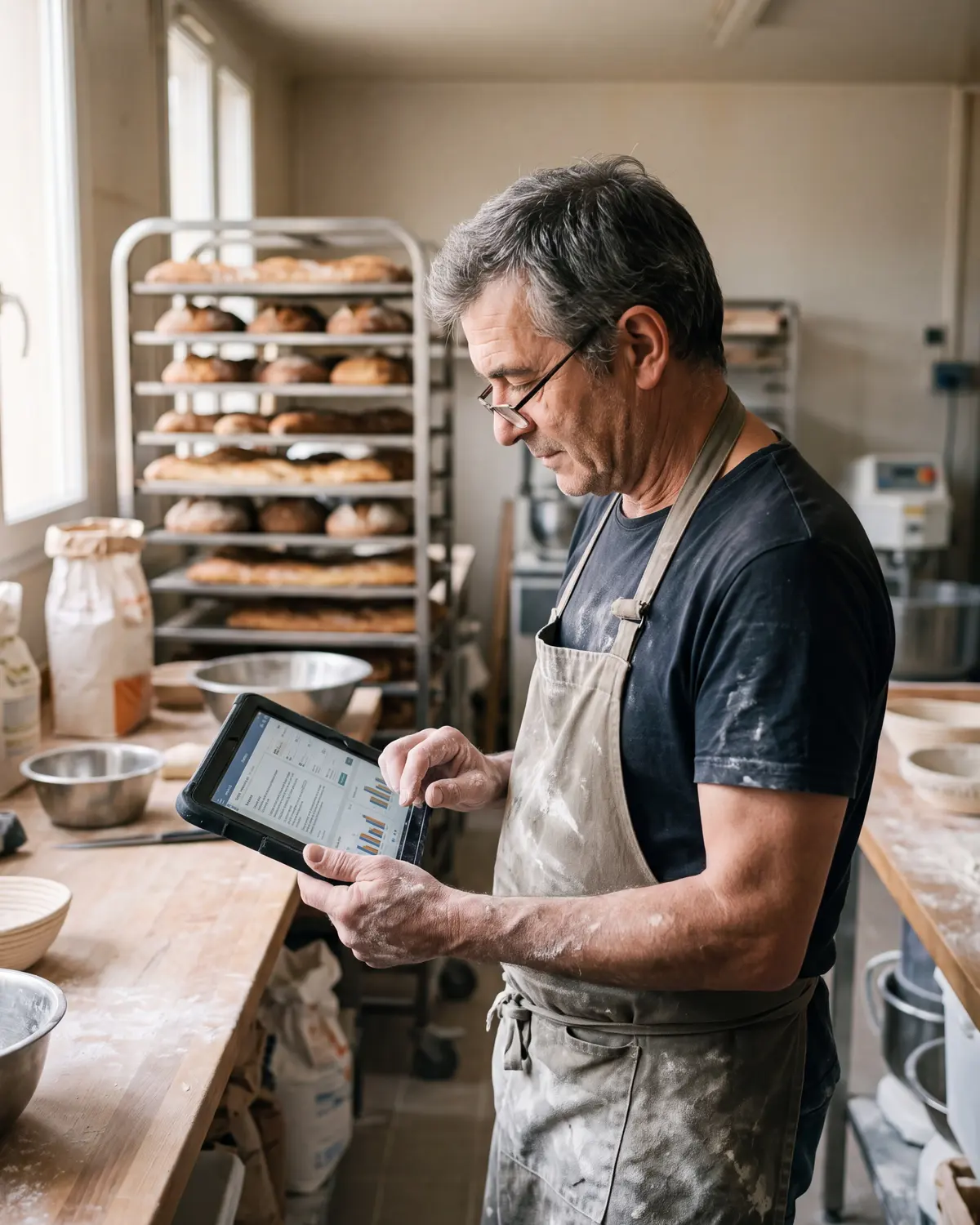 Un boulanger consulte sur sa tablette un message client et un planning de production préparés par un assistant IA