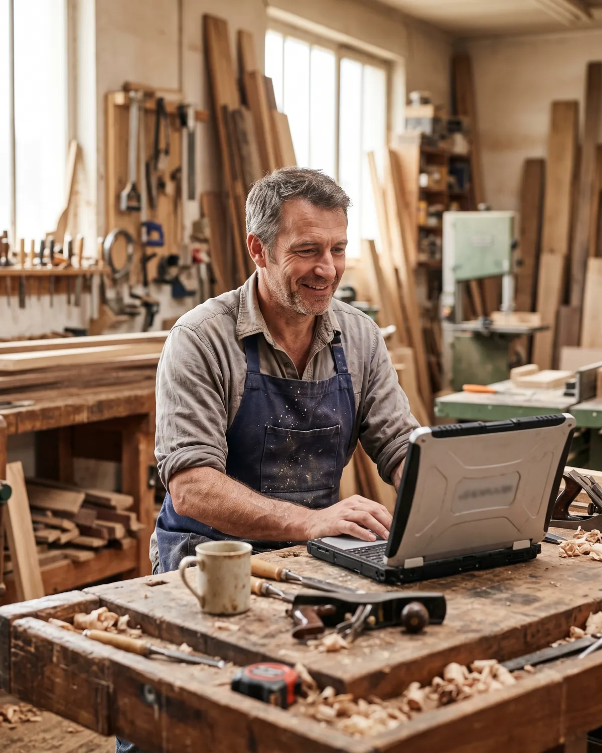 Un artisan menuisier découvre une automatisation de ses tâches sur son ordinateur dans son atelier